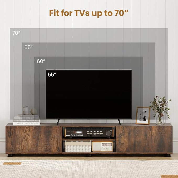 Tangkula Modern TV Stand for up to 70” TVs 63”L Minimalist Entertainment Center w/ 2 Doors &amp Open Shelves Media Console Table Storage Cabinet with 6 Support Feet for Living Room (Rustic Brown 6