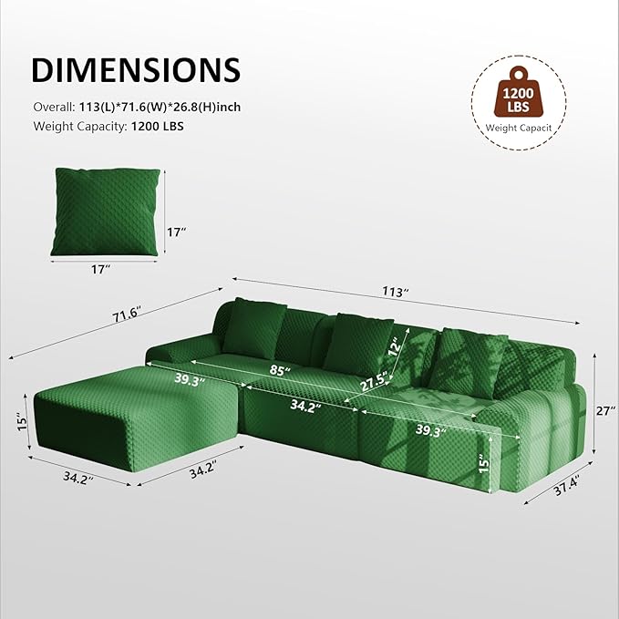 113 Modular Sectional Sofa Upholstered 3-Seater Sofa with Movable Ottoman Oversized 4-Seater Couch with 3 Throw Pillows High-Density Foam No Assembly Free Combinations