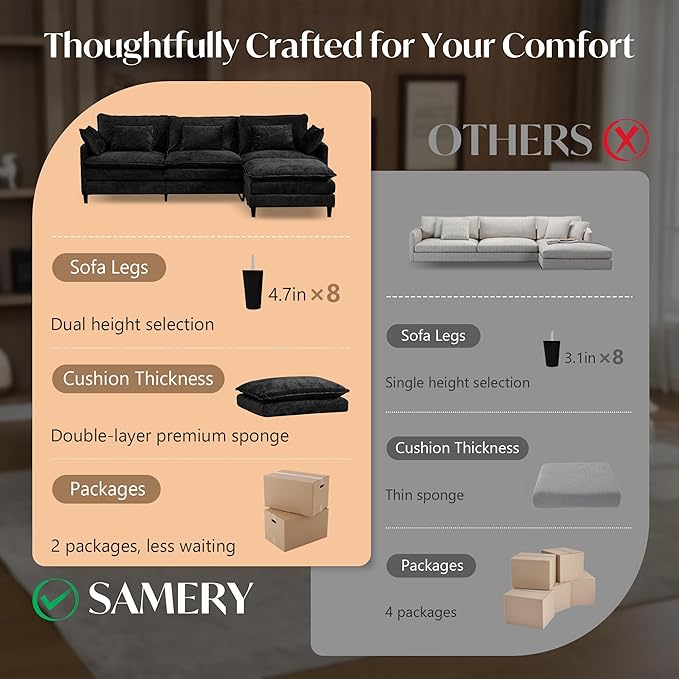 SAMERY 111 L Shaped Couch Cloud Sofa Modular Sectional Couch with Large Ottoman 3 Seater Chenille Oversized Deep Seat Sectional Sofa with Pillows for Living Room Bedroom Apartment