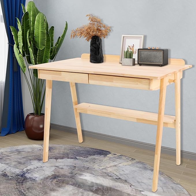 Eapmic Solid Wood Writing Desk Computer Table Study Desk with Drawers Small Space Home Office Workstation Freestanding Wooden Study Table for Bedroom Apartment Dorm Minimalist Design (BurlywoodB)