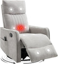Swivel Rocker Recliner Chair 360° Swivel Recliner with Heat and Massage Rocker Recliner Nursery Glider Chair with Side Pockets for Living Room (Light Grey Fabric)