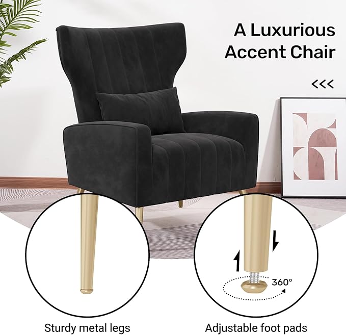 Black Velvet Accent Chair Set of 2 Wingback Chair for Living Room High Back Arm Chair with Golden Legs Lumbar Pillow Upholstered Single Sofa Bedroom