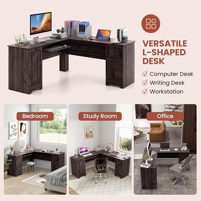 Nightcore L-Shaped Desk Home Office Desks with Keyboard Tray &amp Drawers Gaming Desk with Storage &amp Adjustable Shelf Corner Desk for Small Space Space-Saving Work Desk for Home Office (Dark