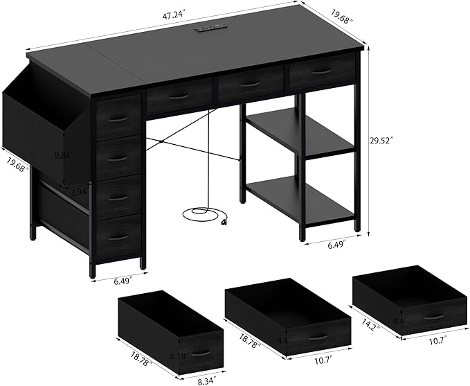 47.3 Computer Desk with 7 Drawers Extra Large Side Pocket and Power Outlets Ideal for Home Office Study or Gaming Black