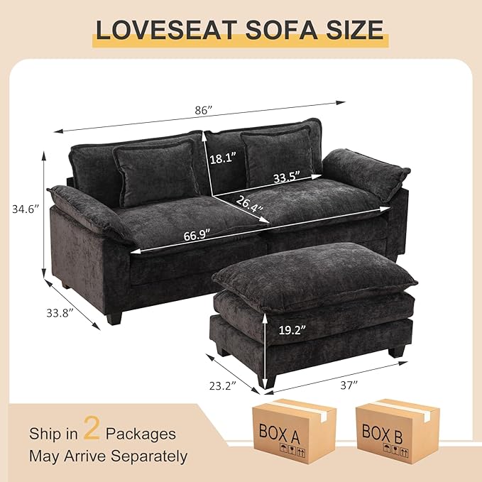 Modular Sectional Sofa 86 L Shaped Couch Set with Movable Ottoman Chenille Comfy Cloud Couch Sectional Set Extra Deep Seat Sofa with 2 Pillows for Living Room (Black 2-Seat &amp 1-Ottoman)
