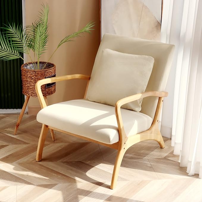ELUCHANG Accent Chair with Lumbar PillowMid-Century Modern Armchair Linen Fabric Comfy Reading Lounge Side Chair for Living Room Bedroom ApartmentEasy Assembly(Beige)