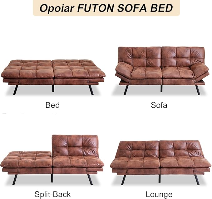 Opoiar Futon Couch Convertible Sofa Bed Memory Foam Faux Leather Brown 3 Seats