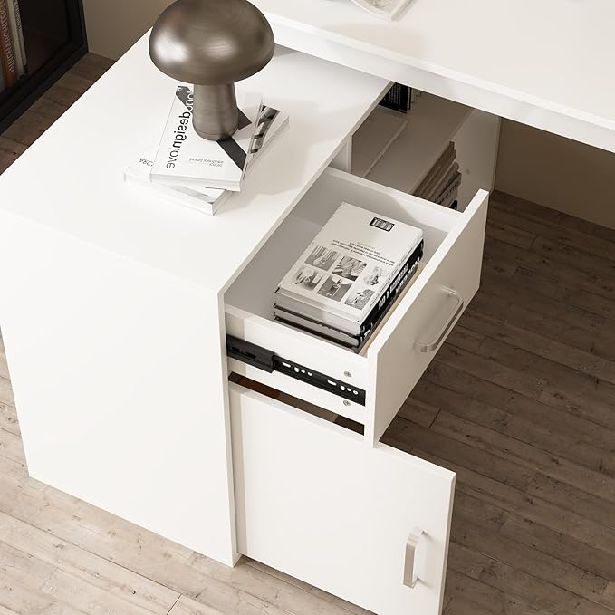 ECACAD Shape Adjustable Computer Desk with Storage Cabinet L Shaped Corner Home Office Desk Study Writing Table with Drawer Door &amp Adjustable Shelves White