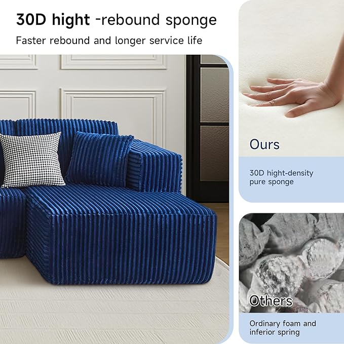 143 Oversized Cloud Boneless Couch with Chaise Modern Modular Sofa with Deep Seat Various Combinations Upholstered Couches for Living Room No Assembly Required Blue