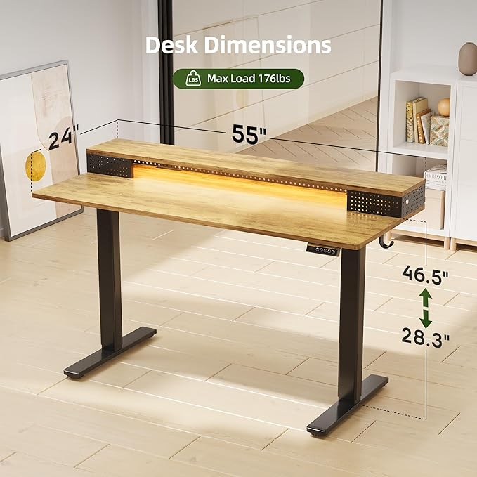 Claiks Electric Standing Desk with Shelf 55 Inch Height Adjustable Standing Desk with LED Lights &amp Monitor Stand Black Frame/Rustic Brown Top