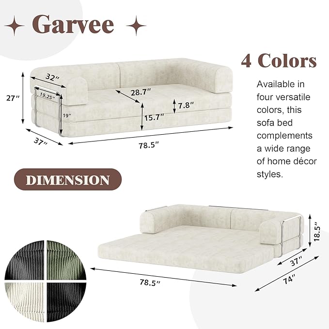 Convertible Corduroy Sleeper Sofa BedFolding Mattress Couch with Fixed-Shape Frame 3 Seater Fold Out King Size FutonNo Assembly Floor Couch for Living Room Dorm Studio 78.7*39.4*29.6 Inch Beige