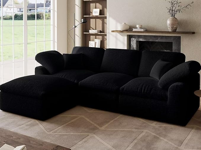 Cloud Sectional Couches for Living Room 4 Seater Cloud Modular Couch L Shaped Corduroy Sectional Sofas with Ottoman Boneless Comfy Sofa for Apartment No-Assembly Black
