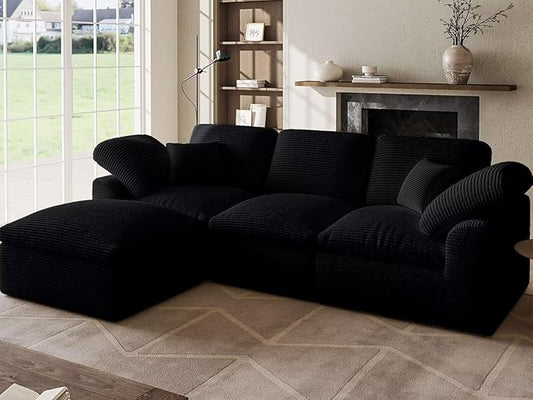 Cloud Sectional Couches for Living Room 4 Seater Cloud Modular Couch L Shaped Corduroy Sectional Sofas with Ottoman Boneless Comfy Sofa for Apartment No-Assembly Black