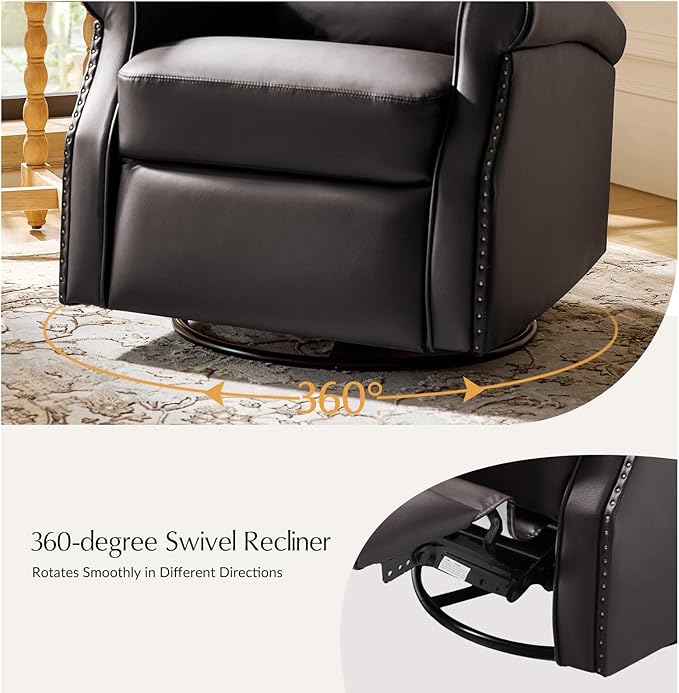 HULALA HOME Faux Leather Swivel Rocker Recliner with Adjustable Backrest and Footrest Push Back Recliner Chair with Nailhead Trim 360° Swivel Glider Rocking Chair for Living Room Bedroom Brown