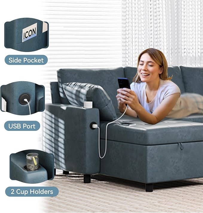 Leather Sleeper Sofa 83.5'' Sofa Bed with Storage Chaise Pull Out Couch with USB Cup Holders and Side Pockets L-Shaped Convertible Couches for Living Room-Faux Leather Blue