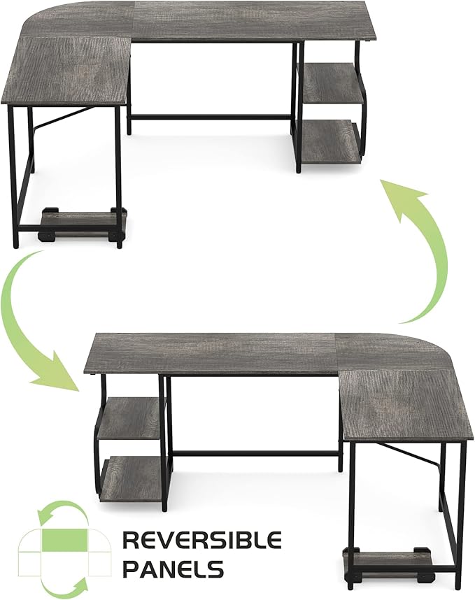 Teraves Reversible L Shaped Desk with Large Surface 61 Inch Sturdy Corner Desk with Storage Shelves Premium Office Computer Desk Workstation for Home Office Gaming