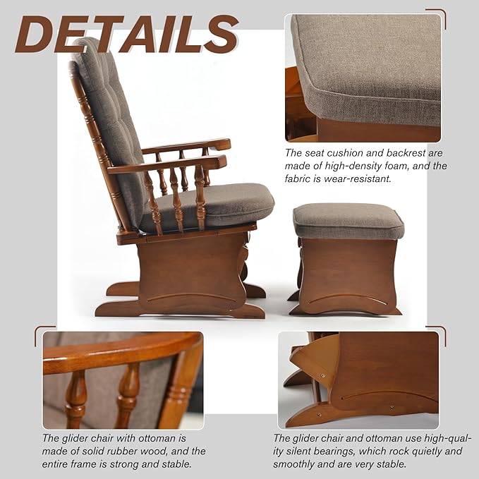 Anti-Pinch Solid Wood Hand Glider Rocking Chair Set with Ottoman with Padded Cushion Rustic Rubber Wood Nursery Glider for Nursing Relaxing Living Room Bedroom Oak Colored