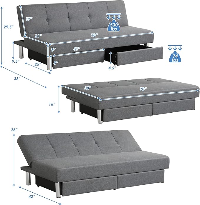 Giantex 3-Seat Convertible Sofa Bed Long Sofa Couch w/ 2 Large Drawers Ergonomic Sleeper w/ 3 Adjustable Angles Heavy Duty Sofa Bed for Living Room Bedroom Study Room &amp Office
