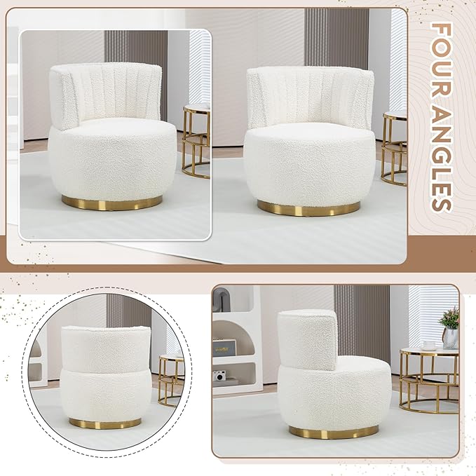 KINFFICT Swivel Barrel Chair Modern Upholstered Accent Chair 360° Swivel Round Lounge Chair with Gold Metal Base Comfy Arm Chair Sherpa Chair for Nursery Living Room Bedroom Club White