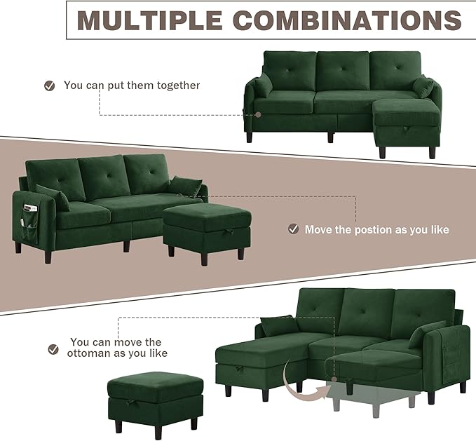 77 Convertible Sectional Couches 3 Seat L Shaped Couch Sofa with Storage Chaise &amp Removable Pillows Linen Fabric Small Couch Mid Century for Living Room Apartment and Office Green