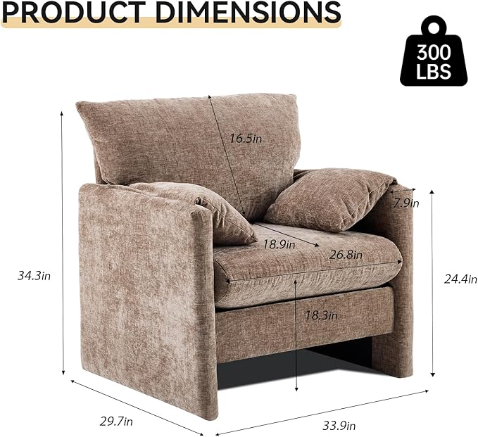 Chenille Oversized Armchair Pillows-top Armrests Accent Chair for Bedroom Living Room Upholstered Chair Sofa Couch Comfy Modern Armchair Single Sofa Chair (Brown 1 Pack)
