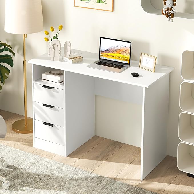 Giantex White Desk with Drawers Modern Computer Desk with Charging Station PC Laptop Table Computer Workstation with Storage Makeup Vanity Table Writing Desk for Bedroom