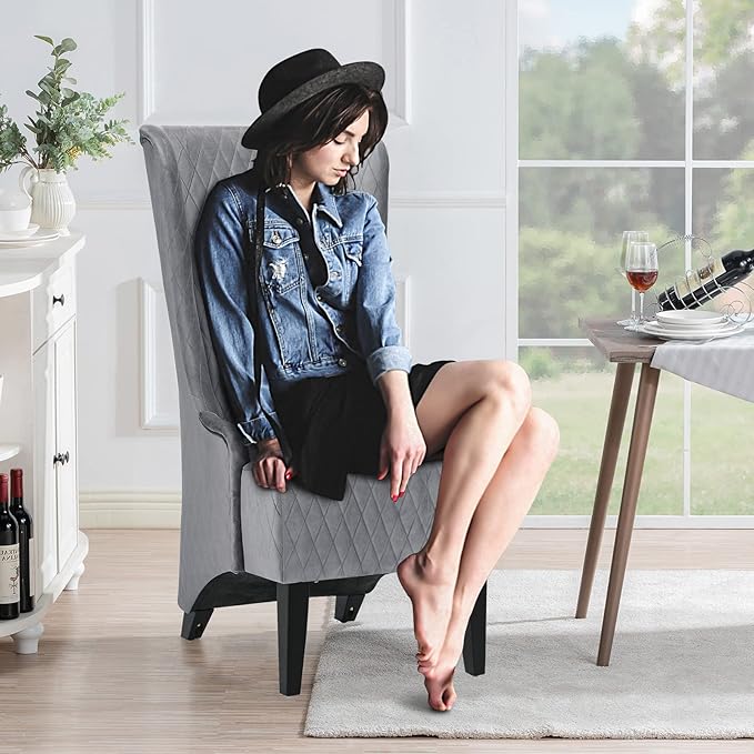 High Back Dining Chairs Living Room Chairs Upholstered Gray Fabric Accent Wingback Armchair Muebles para El Dormitorio with 9.8 Thicked Padded Seat Wooden Legs Mysterious Gothic Decor