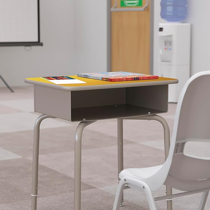 Flash Furniture Billie Student Desk - Maple Open Front School Desk - Silver Metal Frame - 24W x 18D Adjustable Height Durable for School or Remote Learning