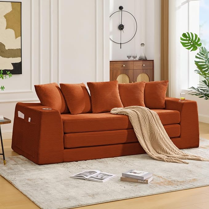 82.25 Convertible Loveseat Sleeper Sofa Bed with Side Pocket 2 in 1 Corduroy Pull Out Bed with 5 Pillows Boneless Couch with 2 Cup Holders and Wide Armrest No Assembly Orange