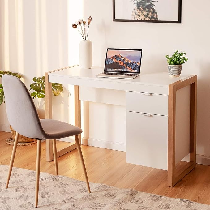 MAT EXPERT 44” Computer Desk White Desk w/Drawer &amp Storage Cabinet for Study Work Makeup Modern Writing Desk PC Laptop Office Table for Bedroom Small Corner Home Office