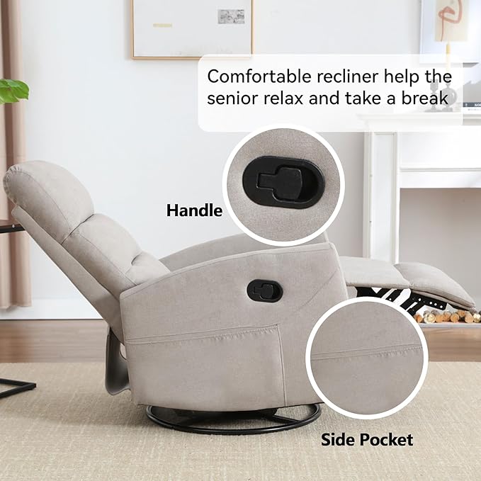 Slim Lazy Boy Recliners for for Adults Swivel Rocking Chair Recliner with High Back Small Recliner Chair for Small Spaces Manual Reclining Chair for Living Room Adjustable Footrest (Khaki)
