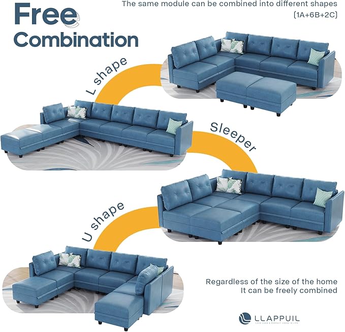 LLappuil Modular Sectional Sofa Convertible U Shaped Couch with Storage Faux Leather Fabric Waterproof Sectional Couch for Living Room 86.2 Width 5 Seat Modular Sofa Navy Blue