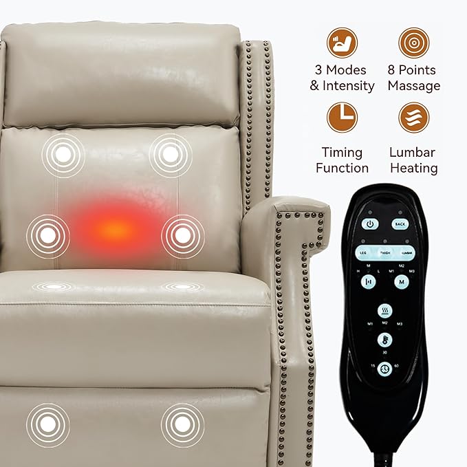 KEIKI Oversized Recliner Chair Manual Leather Recliner Chair with 8 Vibration Nodes Back Massager and Heating for Living Room Rocking Chair for Old Money Living Room Decor Beige