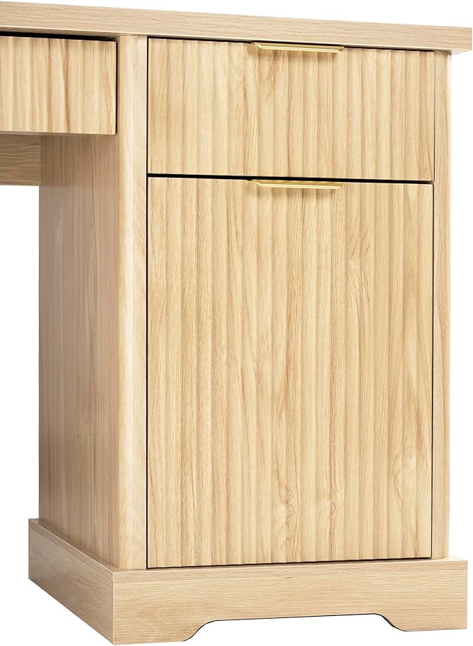 55“ Modern Fluted Executive Desk with Storage Wood Home Office Computer Desk with Drawers Charing Station Keyboard Tray Corner Workstation Writing Desk with Pegboard for Study Bedroom(Natural)