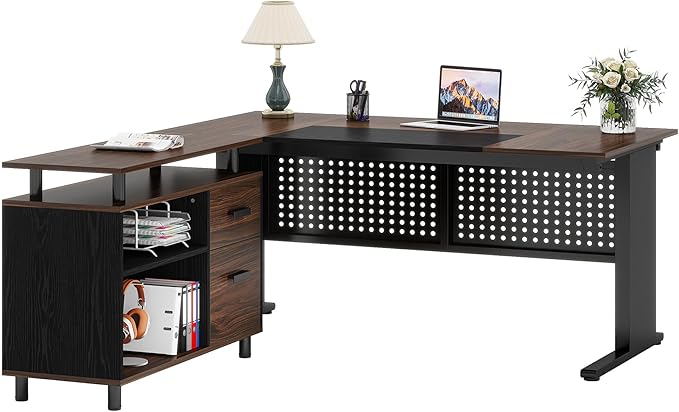 Tribesigns 63 Inch Executive Desk with File Cabinet Large Office Desk L Shaped Computer Desk with Drawers and Storage Shelves Business Furniture Desk for Home Office Dark Walnut and Black