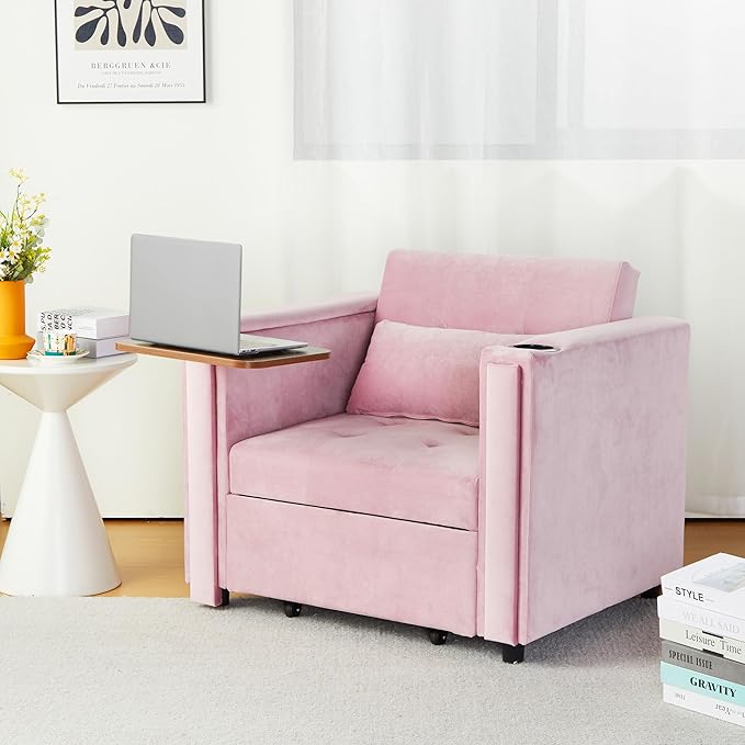Velvet Convertible Chair Bed 3 in 1 Multi-Functional Lounge Chair Sleeper Pull Out Couch Guest Bed with Hidden Table and Adjustable Backrest for Living Room Small Space Apartment (Pink)