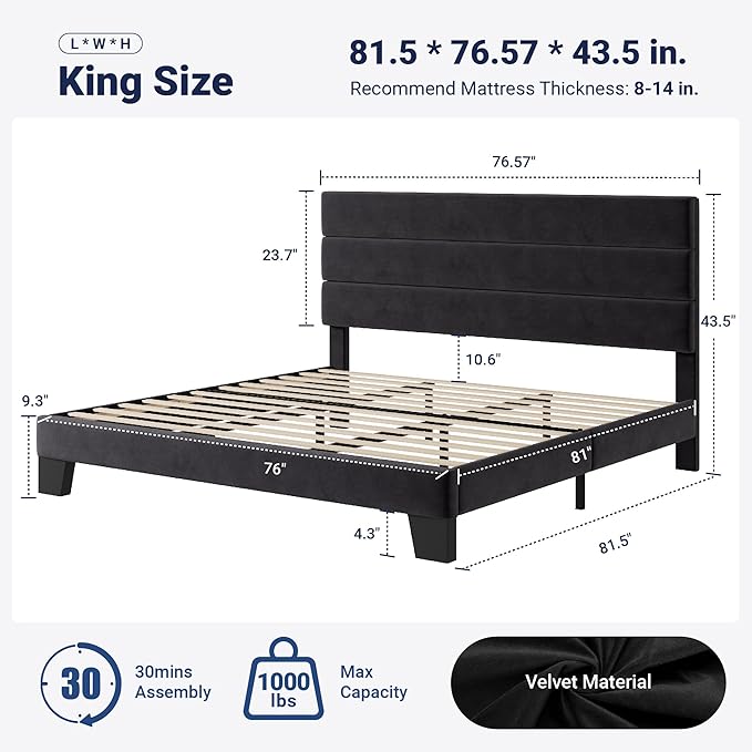 Allewie King Size Platform Bed Frame with Velvet Upholstered Headboard and Wooden Slats Support Fully Upholstered Mattress Foundation/No Box Spring Needed/Easy Assembly Black