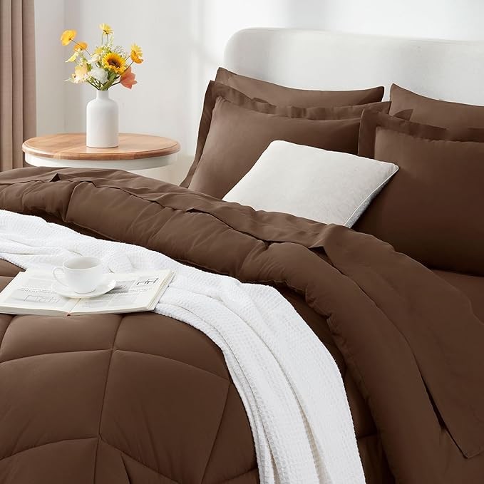 CozyLux Queen Comforter Set Brown - Bed in a Bag Queen Size 7 Pieces Luxury Soft Bed Set for All Seasons Bedding Set with Down Alternative Comforter Sheets Pillowcases &amp Shams