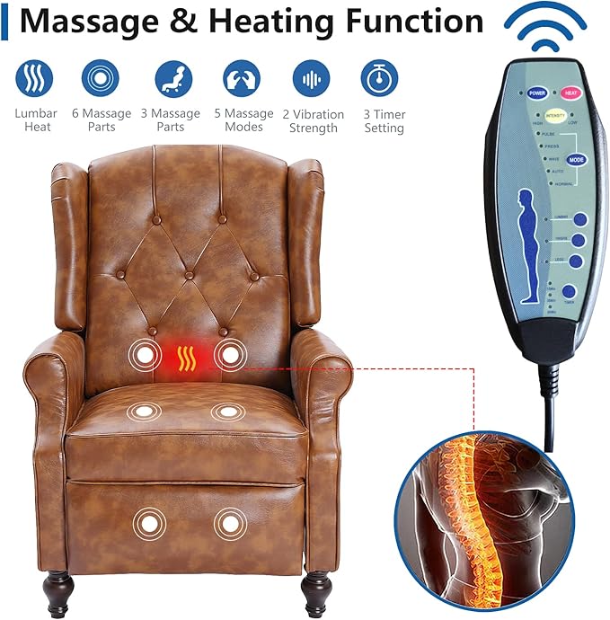 Wingback Recliner Chair with Massage and Heat Tufted PU Leather Push Back Recliner Chair for Living Room Vintage Wingback Chair with Remote Control Padded Cushion Backrest Wooden Legs