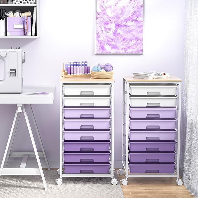 Rolling Cart with DrawersUtility Cart With 8 Drawers and Wooden Tabletop for Living RoomClassroomBedroomBathroomDormOfficePurple