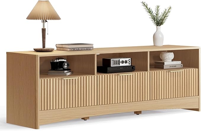 Marsail 59″ Wide TV Stand for TVs Up to 65″ Modern Entertainment Center with Fluted Panels 3 Easy-Sliding Drawers Open Shelves &amp Cable Hole 3-Tier TV Stands for Living Room &amp Bedroom Natu