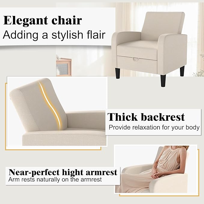 DAGONHIL Living Room Chair Upholstered Accent Chair Reading Chair for Bedroom Linen Fabric Armchair Single Sofa for Living Room/Office/Library (Beige 1 Pack)
