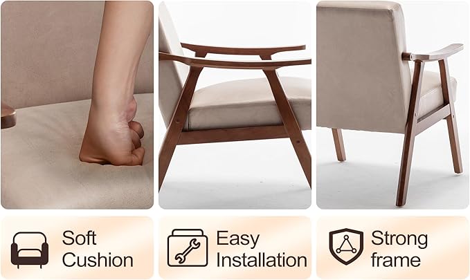 Mid-Century Modern Accent Chair Living Room Chair with Solid Wood Frame &amp Extra-Thick Backrest Indoor Lounge Chair for Bedroom Reading Room (1 Light Camel-Fabric)