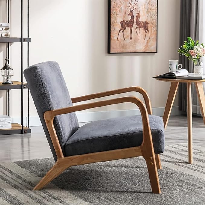 Classic Mid Century Modern Accent Chairs for Living Room or Bedroom Espresso Open ed Armchair with Plush Cushioning and Microfiber Upholstery Light Gray