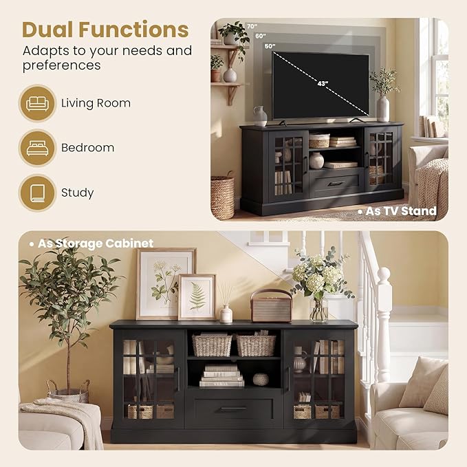 Giantex Farmhouse TV Stand for 65/70 Inch TV Tall Entertainment Center with Storage Cabinets Glass Doors Drawer Removable Shelves Media TV Console Table for Living Room Bedroom (Black)