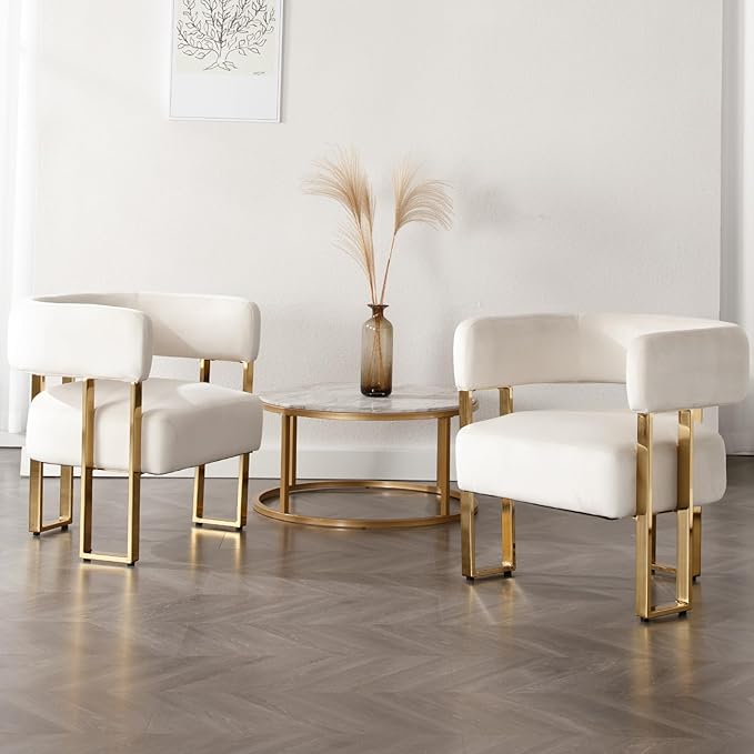 Barrel Accent Chair with Metal Frame Legs Modern Velvet Living Room Chairs Mid Century Upholstered Single Lounge Sofa Armchair for Living Room/Bedroom/Reading Room Beige
