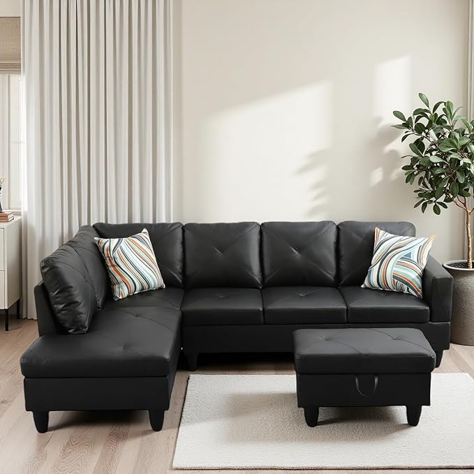 L-Shaped Sectional Sofa with Movable Chaise &amp Storage Ottoman Leather 3-Piece Modular Convertible Couches for Living Room Black