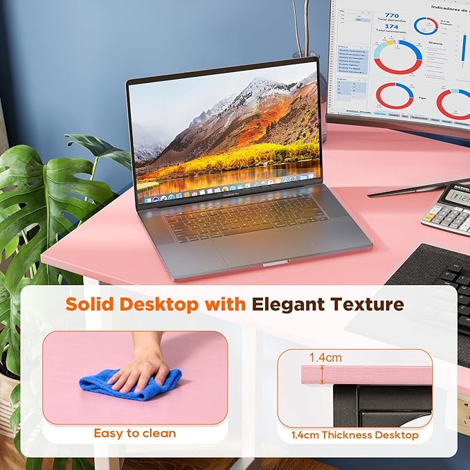 Bigacc Computer Desk Office Desk with Metal Frame Adjustable Feet | Water-Resistant Scratchproof Surface | Sturdy Writing Table for Home Office or Study (Pink 63 Inch)