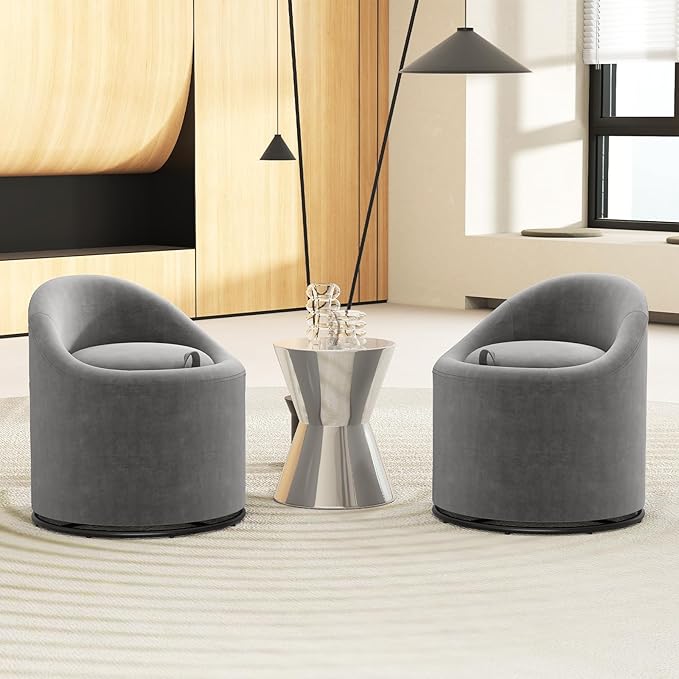 Giantex Swivel Accent Chair with Storage 360° Upholstered Vanity Chair with Backrest Velvet Modern Storage Ottoman Small Barrel Swivel Armchair for Bedroom Living Room No Assembly Grey