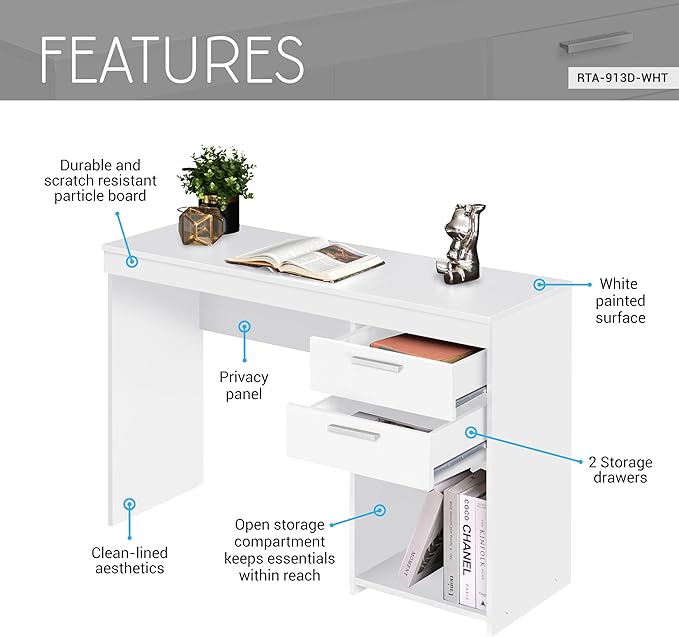 Techni Mobili Engineered Wood Writing Desk with Drawers and Storage and Open Compartment - A 47.5” Wide Home Office Desk with Drawers for Ample Storage- White Desk with Storage
